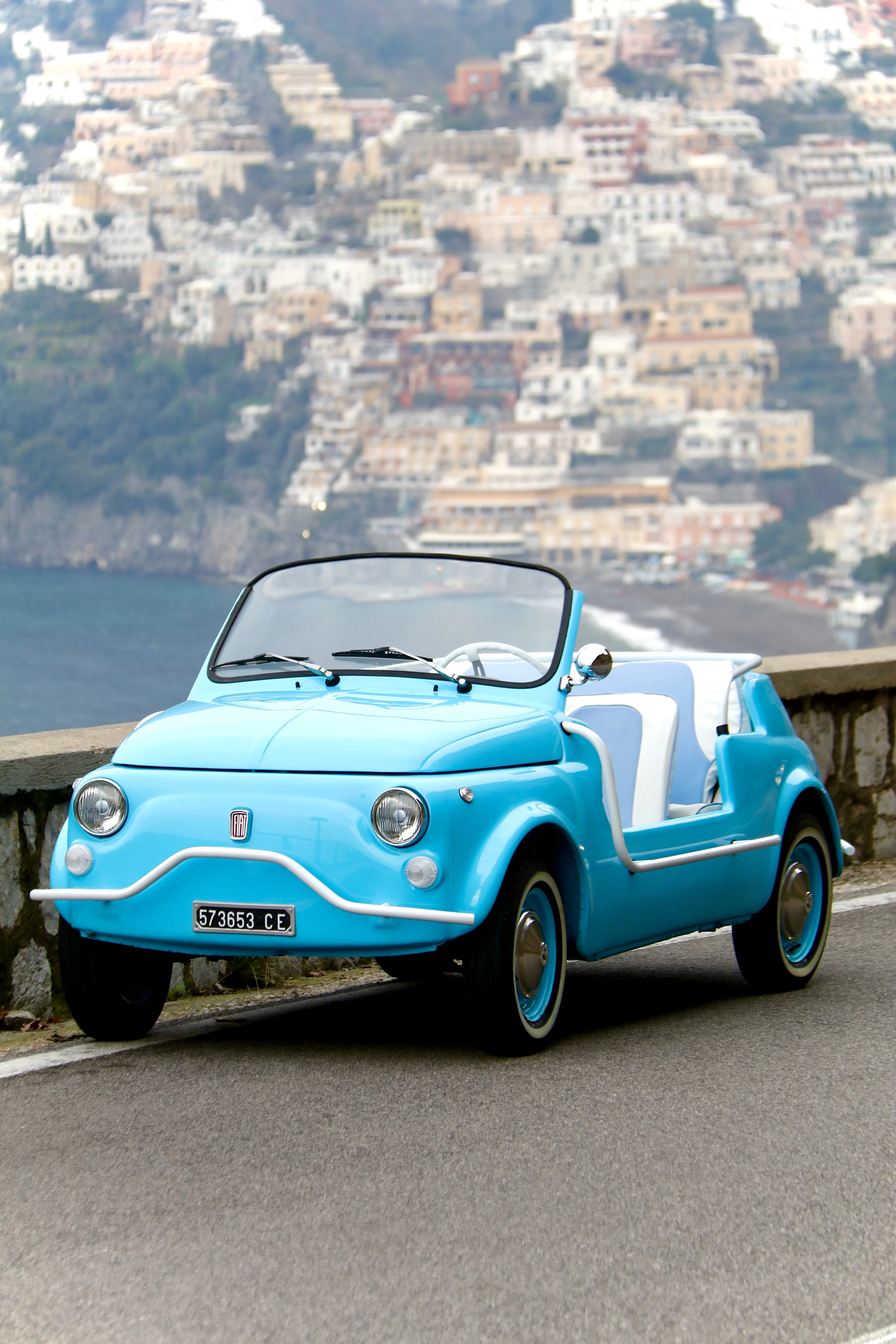 Classic 1971 Fiat 500 Jolly Spiaggina parked on the Amalfi Coast